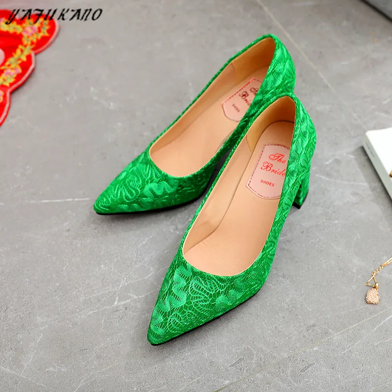 Green Bridal Wedding Shoe Thick With Pointed Toe Female High Heels Lace Suede Single Shoes Elegant Comfort Lady Pumps Size 33-42