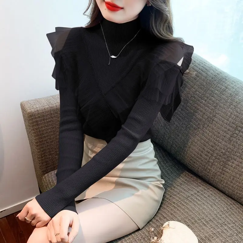 Autumn Winter New Women\'s Solid Color Half High Collar Off Shoulder Sweaters Fashion Elegant Slim Versatile Long Sleeve Tops