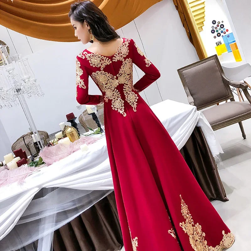 Evening Dress Burgundy Jersey Gold Embroidery Robe De Soiree V-neck Full Sleeves A-line Floor-length Plus size Party Formal Gown