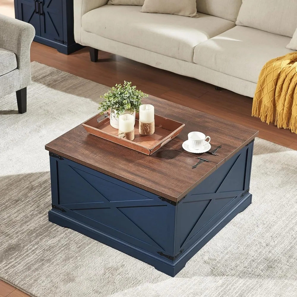 Farmhouse Square Coffee Table with Storage, Wood Center Table with Hinged Lift Top, Rustic Cocktail Table with Large Hidden Stor