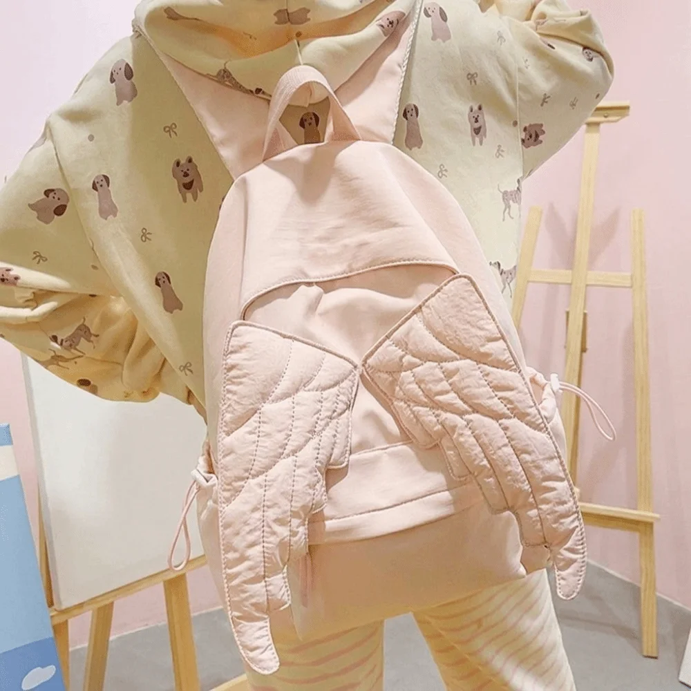 Simple Solid Color Wing Backpack Y2k Lolita Nylon Backpack College Style Lightweight Students School Bag Student