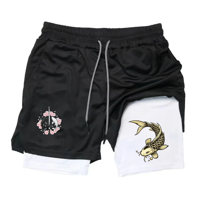 

Men 2 in 1 Double Layer Sports Shorts Japanese Koi Fish Sakura Samurai Sword Print Quick Dry Gym Workout Shorts Drawstring Compr