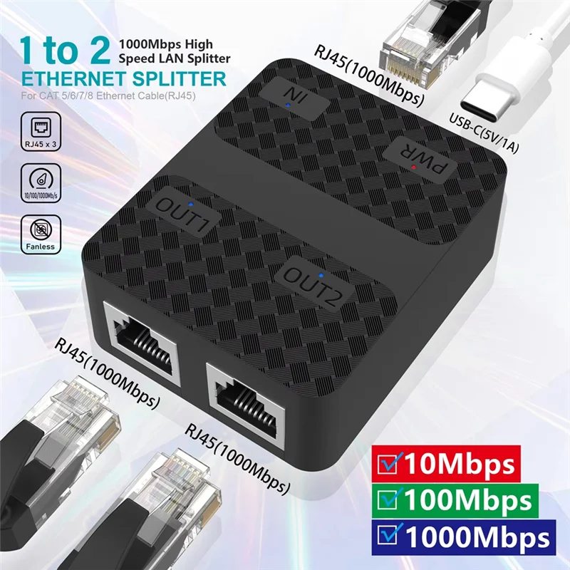 Divisor de Cable Ethernet AA84, 1 a 2, 1000Mbps, divisor de Cable de Internet, 1 en 2 salidas, divisor de red Gigabit de alta velocidad