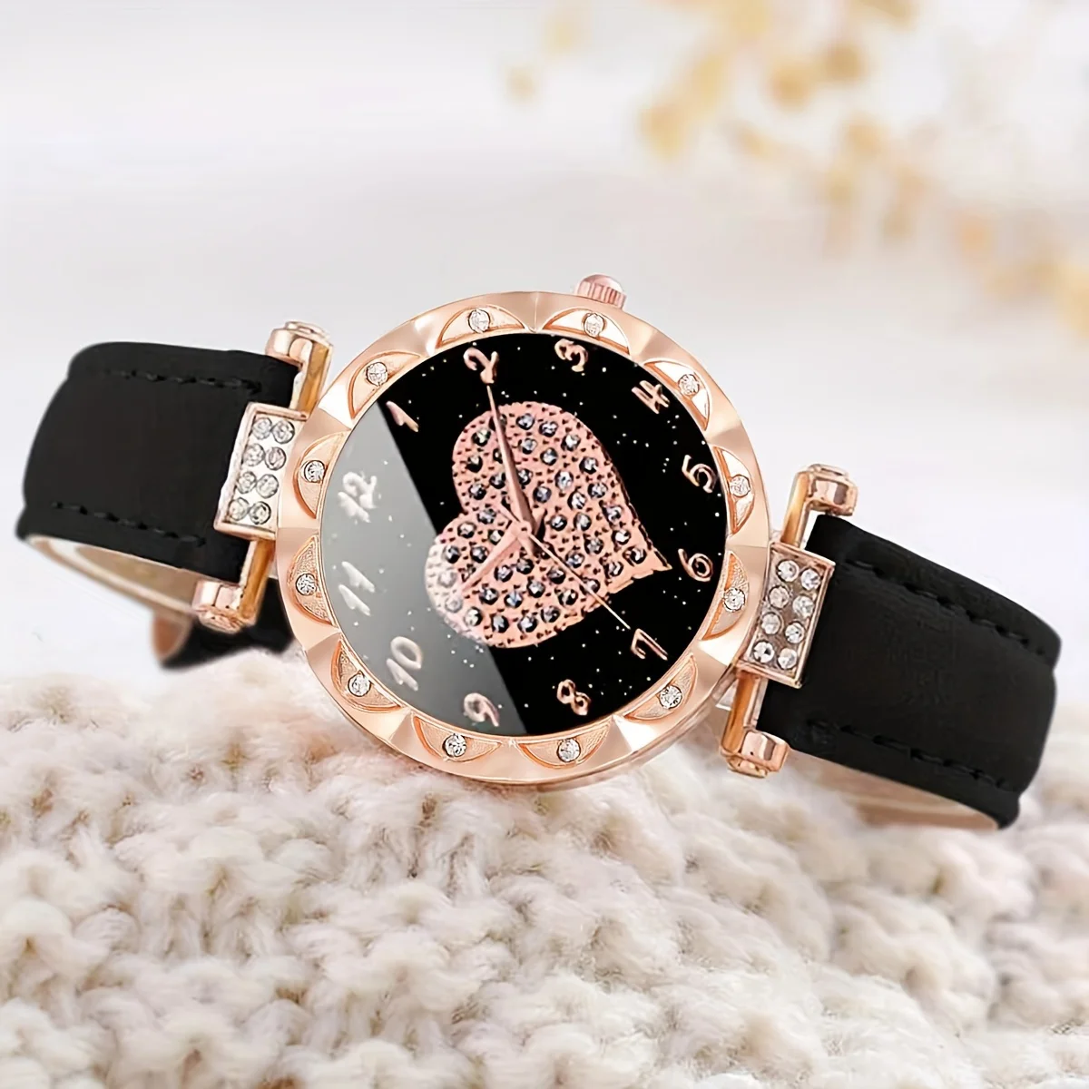 ساعة كوارتز فاخرة للنساء من حجر الراين ، ساعة معصم من الجلد الصناعي ، سوار فراشة ، هدايا عيد الحب ، لها ، قلبها ، طقم 2