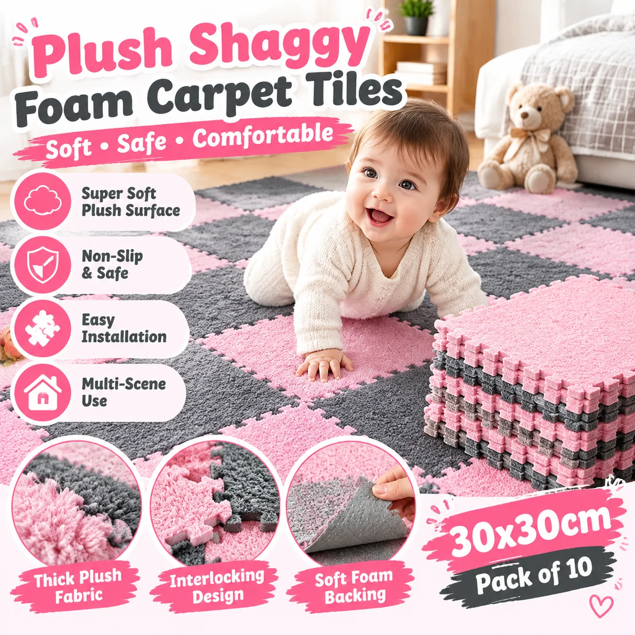 30x30cm Plush Shaggy Interlocking Foam Carpet Tiles Kids Protective Floor Mats Crawling Exercise Area Rug for Home