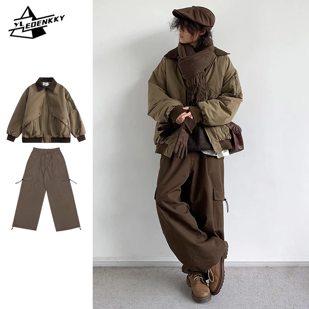 

Autumn Winter Cargo Set Men Retro Loose Thick Cotton Jacket+Solid Color Baggy Wide Leg Casual Pants Japanese Street Unisex Suit