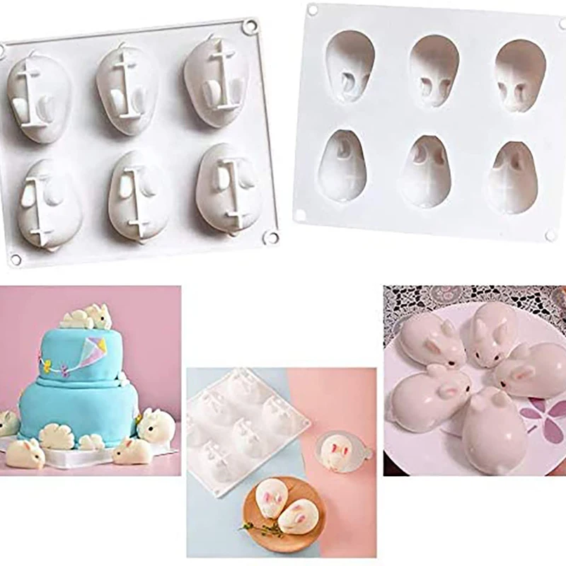 Silicone Rabbit Mold Fondant Bunny Mold Chocolate Cake Mold 6-cavity Mousse Cake Decoration Dessert Baking Mold DIY Candle Model