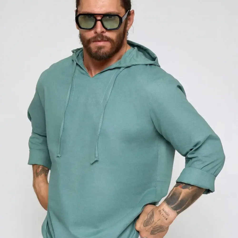 Mens Linen Cotton Hooded Shirt Long Sleeve Casual Pullover Tops Breathable Lightweight Spring Autumn Streetwear Solid Color