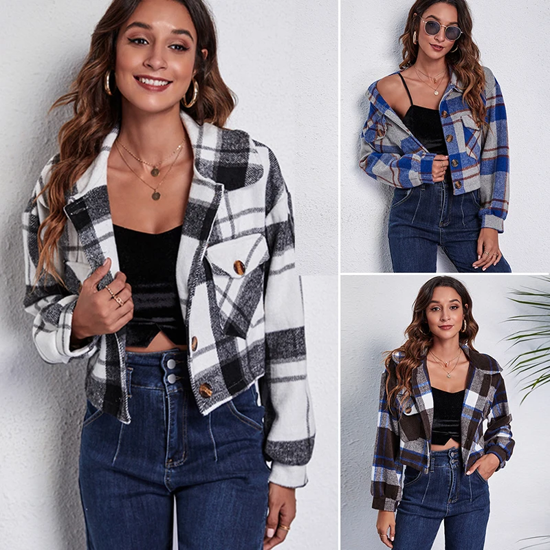 

Autumn Winter Women's Jacket Long Sleeve Tops Soft Comfortable Overcoat Plaid Printing Button Short Jackets Loungewear Outerwear