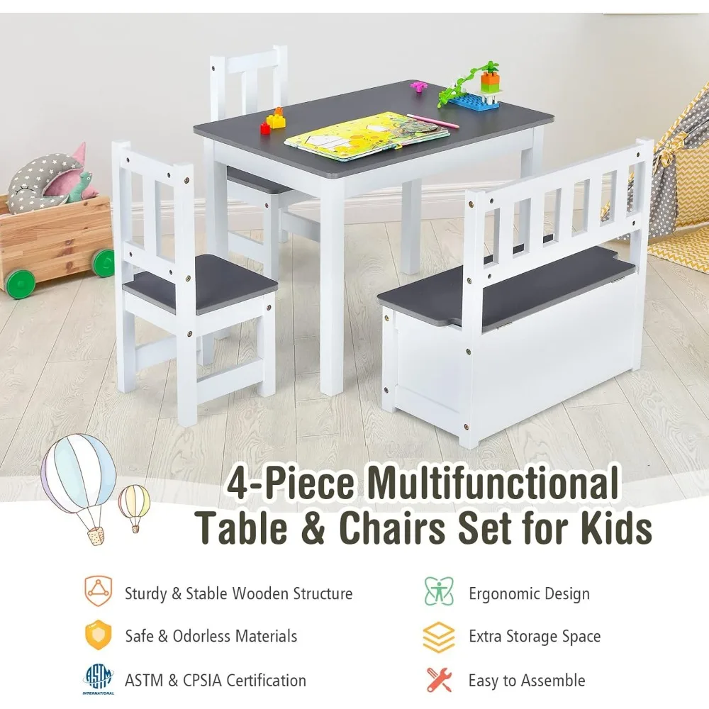 Conjunto de mesa e cadeira infantil 2 em 1, mesa de atividades de madeira com banco de armazenamento de brinquedos e 2 cadeiras para crianças, mesa e cadeiras para crianças pequenas