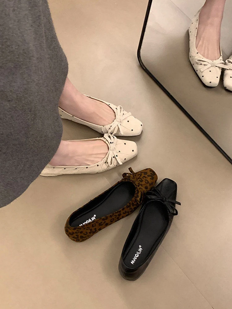 Elevated Heel Polka Dot Single Shoes for Women Spring  Knot Gentle Evening Shoes French Style Ultrafiber Leather