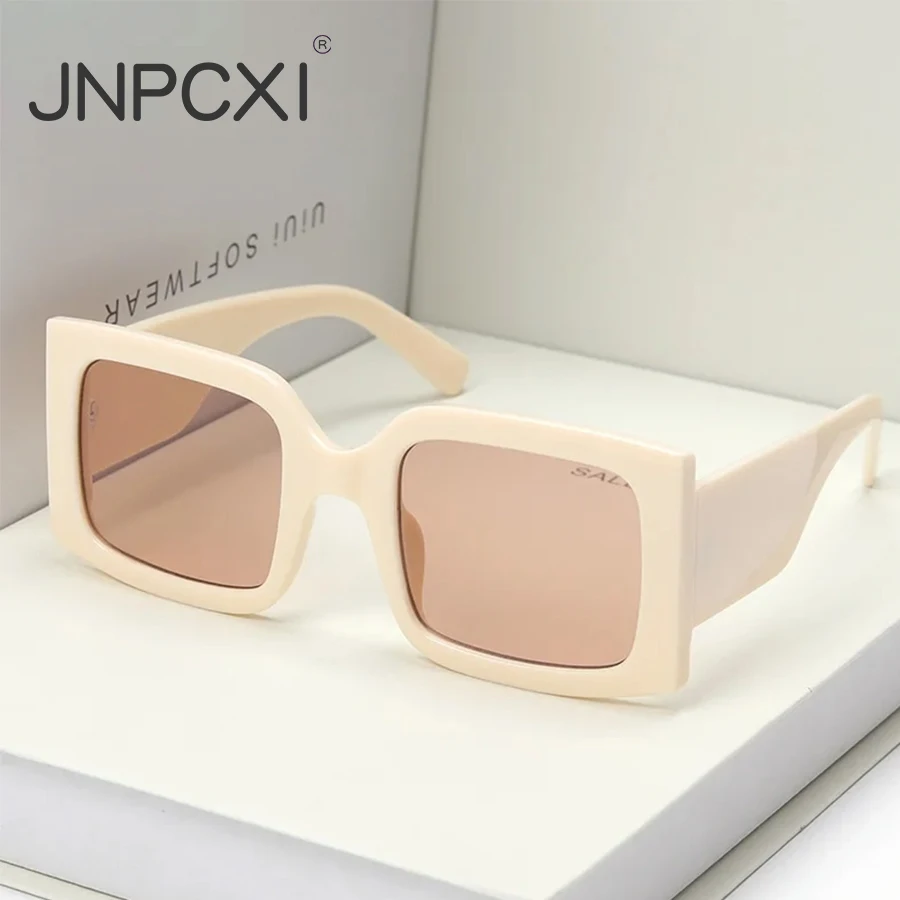 JNPCXI Beige Vintage Rectangle Women Sunglasses Ins Popular Fashion Blue Light Tea Eyewear Men Trending Sun Glasses Shades UV400