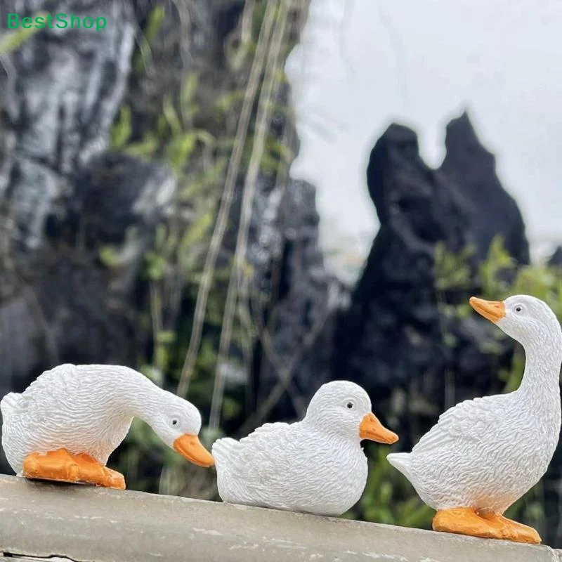 3pcs Cute White Duck Hydroponic Lotus Flower Pot Retro Resin Statue Outdoor Sculpture For Home Office Desk Garden Decor