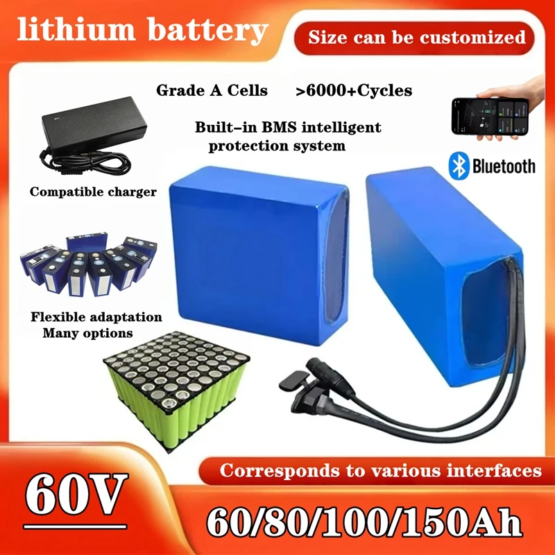 60V Li-ion High Capacity Battery 60Ah/100Ah/150Ah for Golf Cart Two Wheeler RV with Bluetooth BMS Power Range 1000W-6000W