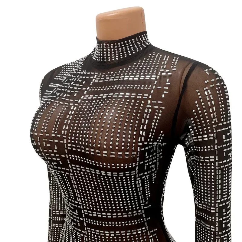 GUWU-vestido transparente de malla con diamantes para mujer, vestido de fiesta de noche transparente de manga larga con cuello redondo, Mini vestido de primavera con diamantes de imitación