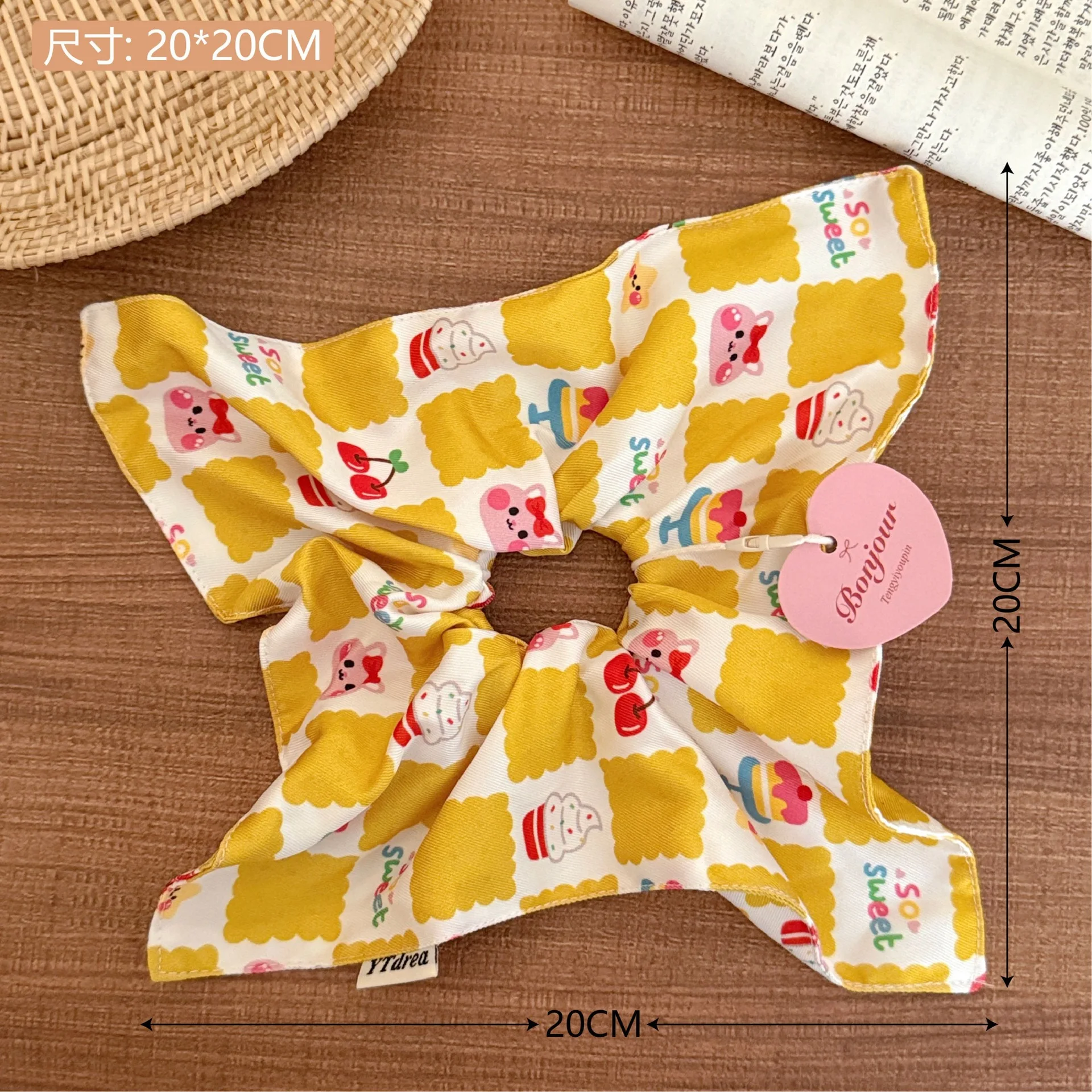 Oversize Hair Scrunchie 20cm Summer Cherry Floral Bandana Design Puff Elastic Tie for Women High Bun Luxe