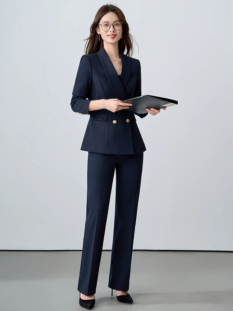 Conjunto de terno azul slim fit com botões de duas fileiras Ele para mulheres, entrevista profissional, roupa de trabalho, deslocamento, mistura de poliéster