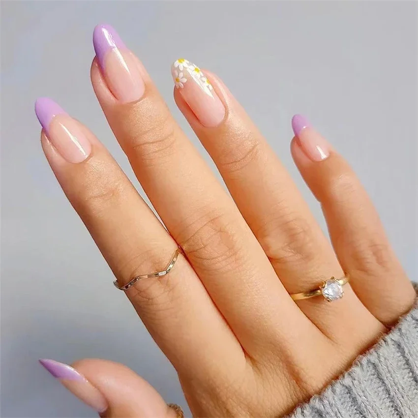 24Pcs/Set French Round Head Fake Nails Tips Color Printing Dots Diamonds Wearing False Nails White Removable Press on Nail Art 6