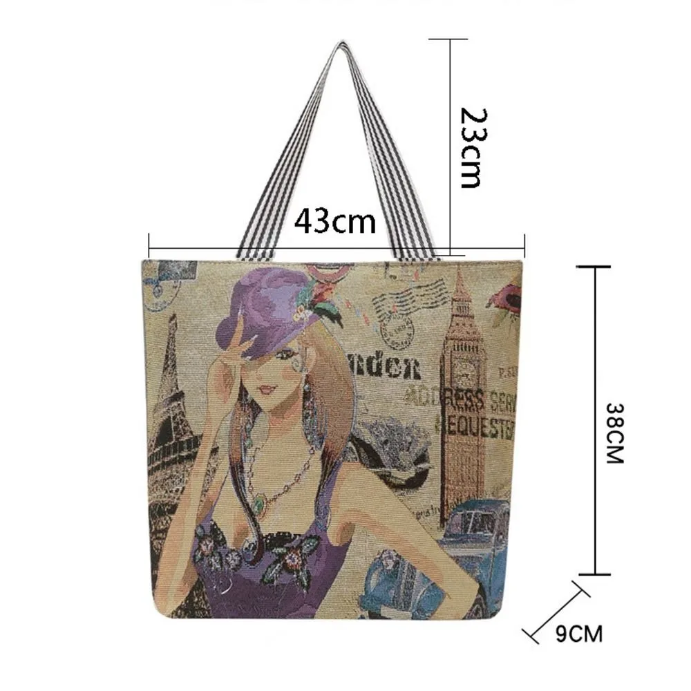 Large Capacity Women Shoulder Bag Fashion Cat Printing Embroidery Handbag Canvas Crossbody Bag