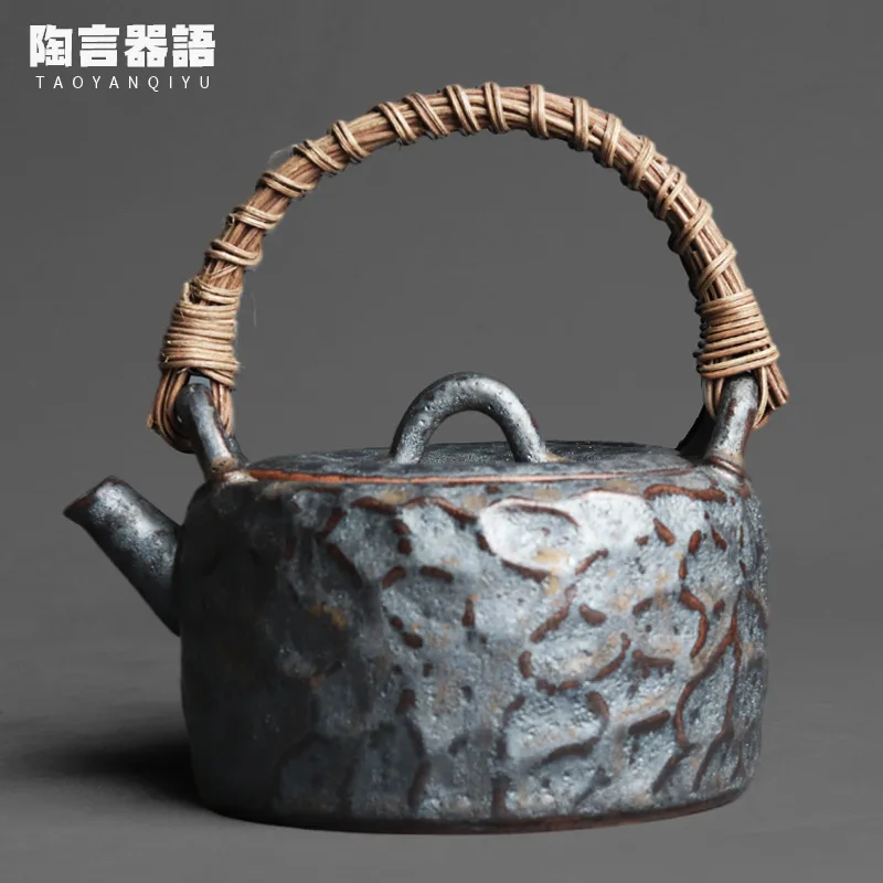 

Jingdezhen Japanese kiln roasted black gold hammer pattern kettle handmade rattan craft wide mouth large tea milk coffee single