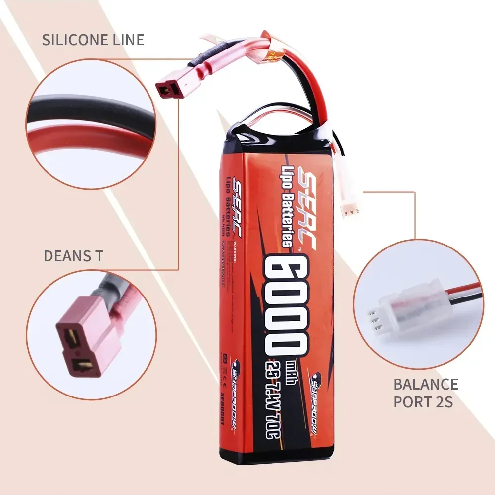 2S Lipo Battery for 7.4V 6000mAh 70C Soft Pack with Deans T Plug RC Car Boat Airplane Truck Tank Vehicle Truggy Buggy
