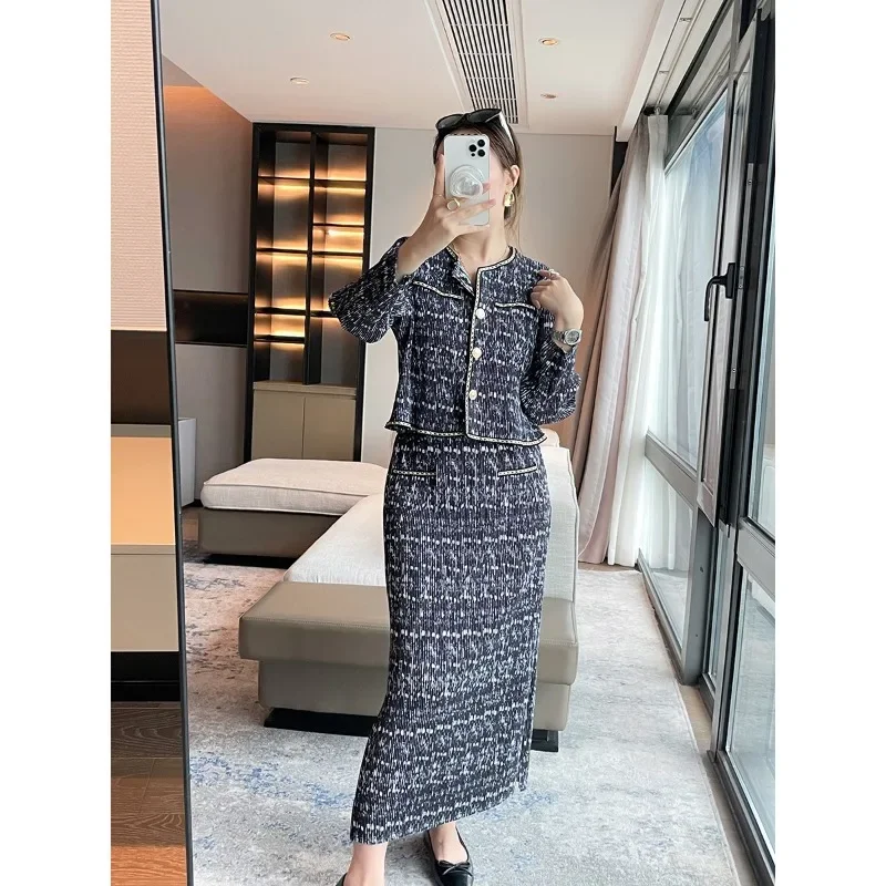 Miyake Pleated Printed Suit Round Neck Single Breasted Short Jacket+skirt 2-piece Set Elegant Holiday Party Women\'s Clothing