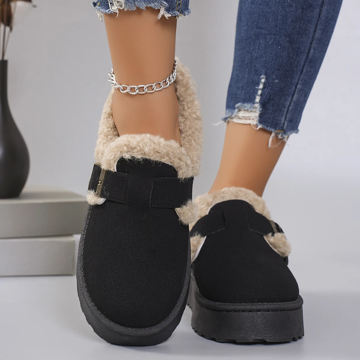 New Winter Retro Women Snow Warm Suede Leather Lazy Loafers Boots Shoes Woman Lady Female Flat Bottine Botas Boots Mujer Shoes