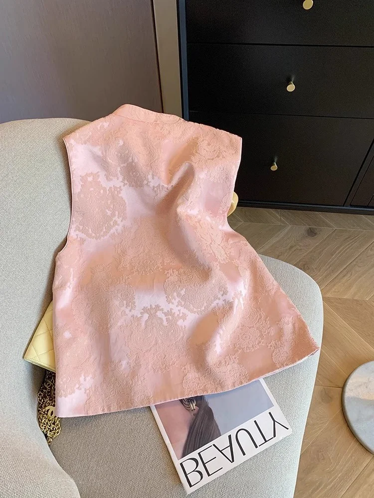 달콤한 핑크색 중국식 자수 조끼 남녀 봄 가을 고품질 민족 스타일 어깨 패드 레이어드...