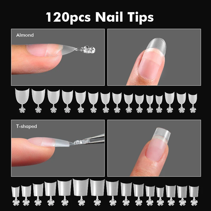 120Pcs Half Cover Soft Gel False Nail Tips Pre-filed Short Almond Coffin Press on Nails For Extention T-shaped Fake Nails Manicu