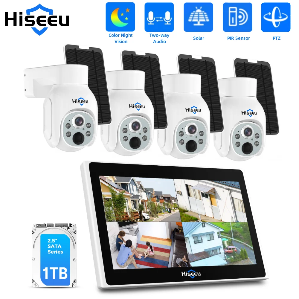 Hiseeu 10채널 NVR CCTV 카메라 세트 – 4MP WiFi PTZ 태양광 IP 보안 시스템 키트, P2P 야외 무선 감시 시스템