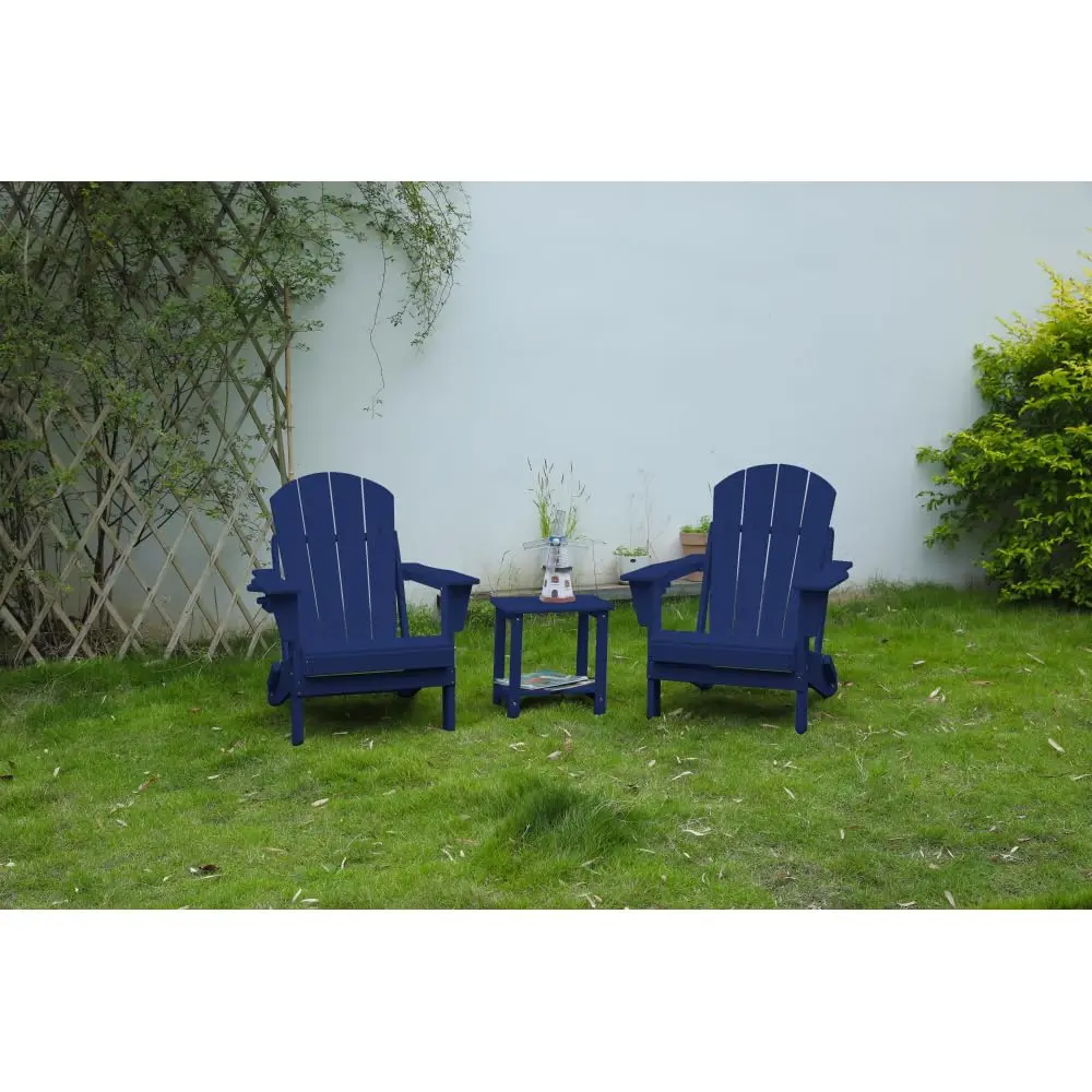 Folding Adirondack Chair Set with Side Table, 3-Piece Wood Texture Outdoor Patio Furniture, Navy Blue, Customized