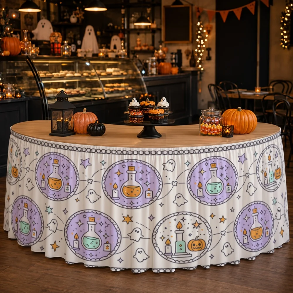 One table skirt. Halloween potion table skirt with printed polyester, cute magical witch decoration.