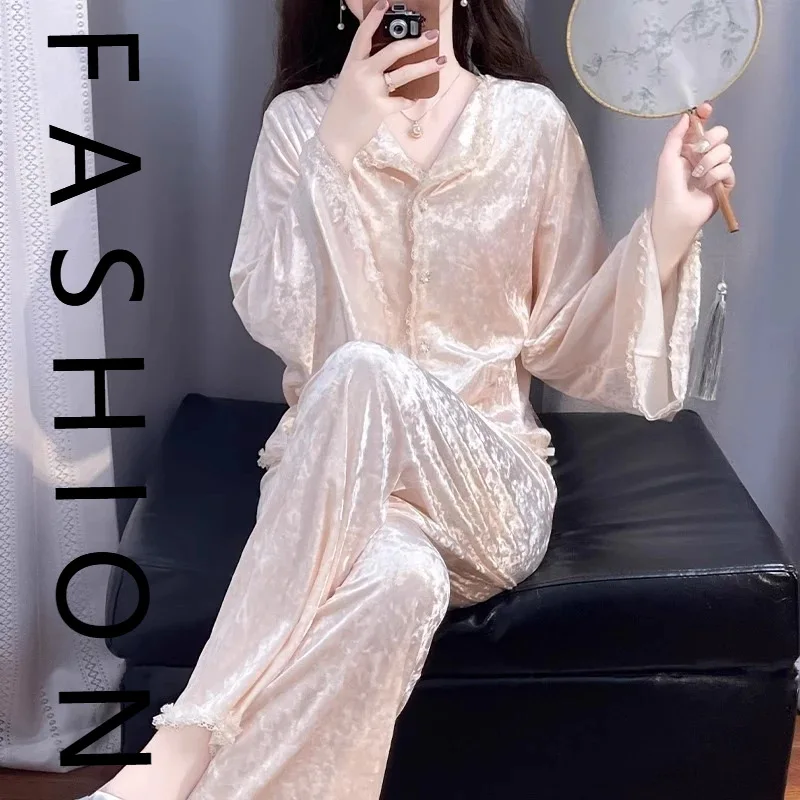 

Весенне-осенние золотые бархатные пижамы, женские брюки с длинными рукавами, комплект осенне-зимней одежды для дома в стиле принцессы с сказочным ветром