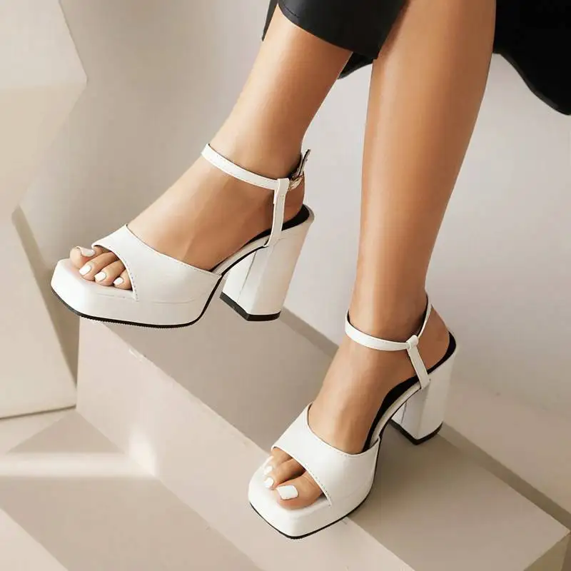 REAVE CAT Women Sandals Toe Block High Heels 10cm Platform 2cm Buckle Strap Concise Daily Ladies Shoes Big Size 41 42 43