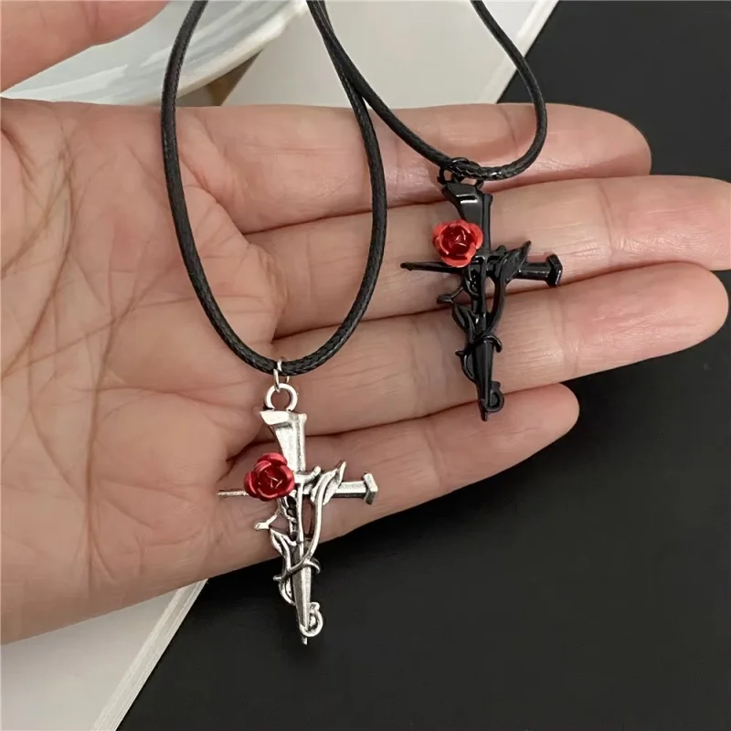 4Pcs Gothic Rose Cross Pendant Necklace Set Black Wax Rope Necklace Retro Flower Dagger Pendant Aesthetic Jewelry