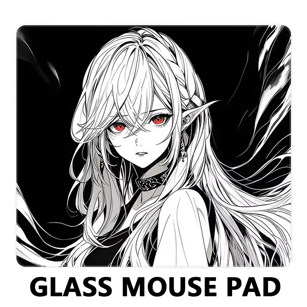Anime Elf Girl Art Red Eye Cool Glass Mouse Pad Large Custom Frosted Surface Desk Mat Tempered FPS Office Pad Gaming Accessories
