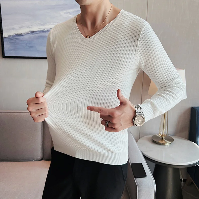 2023 pakaian pria musim gugur musim dingin hangat Sweater rajut/pria Slim Fit bergaris V-neck kualitas tinggi Sweater pria kasual Pullover