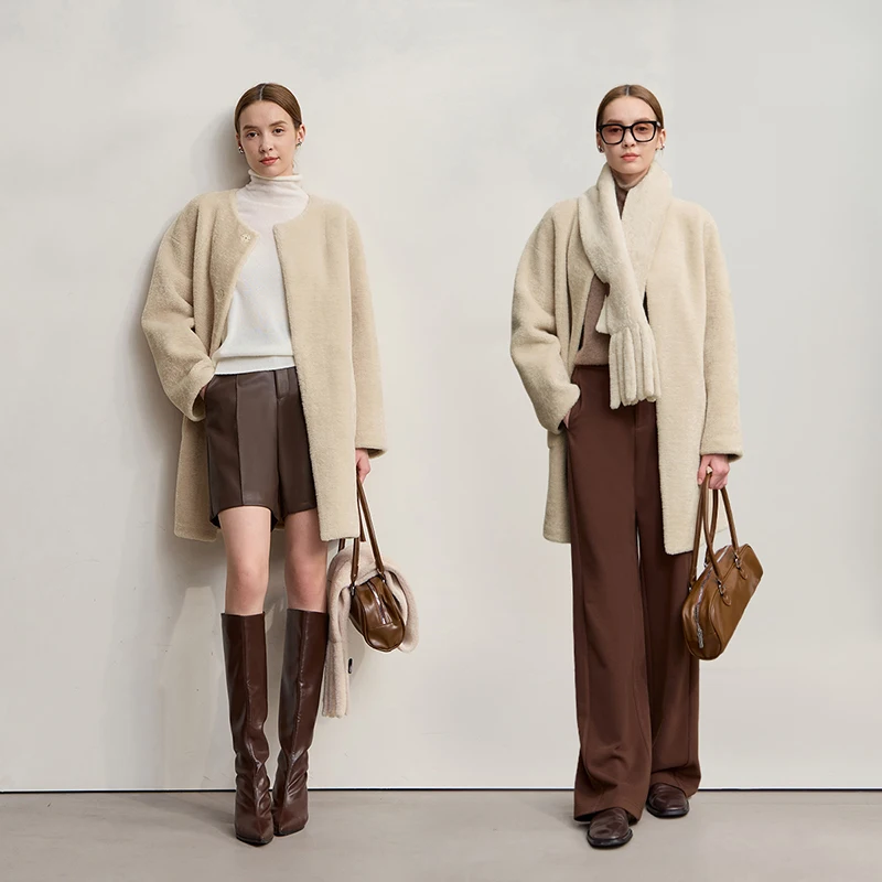 Amii Fur Coat Woman 2025 Winter New O-Neck Loose Medium And Long Tops With Scarf Warm Long Sleeve Elegant Fur Jacket 12554011