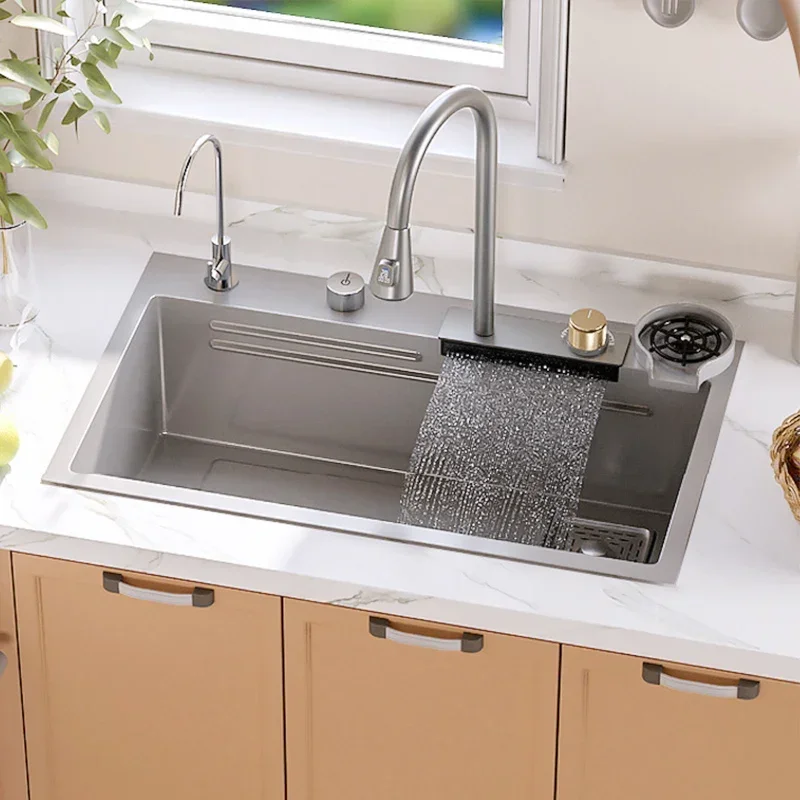 

Waterfall Kitchen Sink 304 Stainless Stainless Steel Large single sink Multifuctional Sink Waterfall Faucet