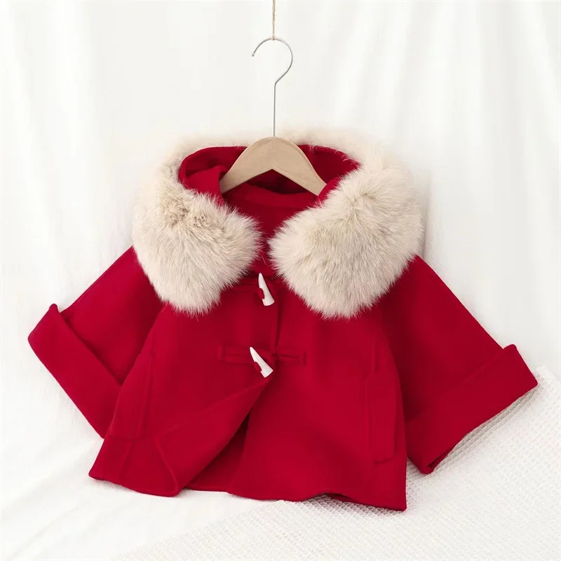 

Girls Woolen Coat Jacket Windbreak 2025 Red Warm Thicken Winter Cotton Overcoat Christmas Teenagers Children's Clothing