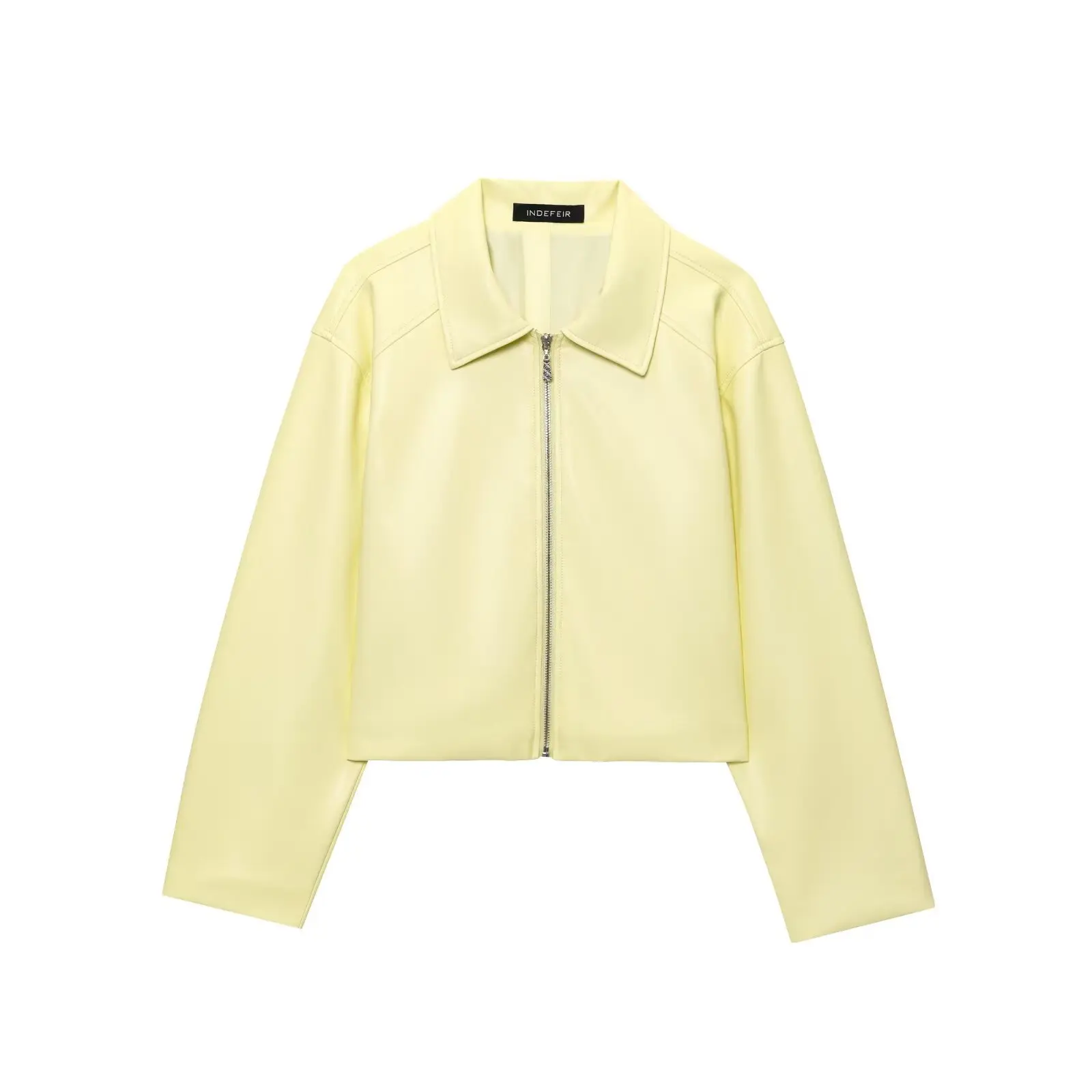 

Summer New Retro Cream Lapel Zipper Long-Sleeved PU Leather Short Jacket European And American Style for Women