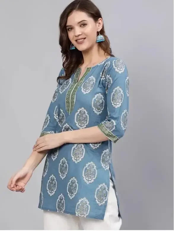 Indian Clothing Women's Pure Cotton Printed Short Crop Sleeve Top Blue