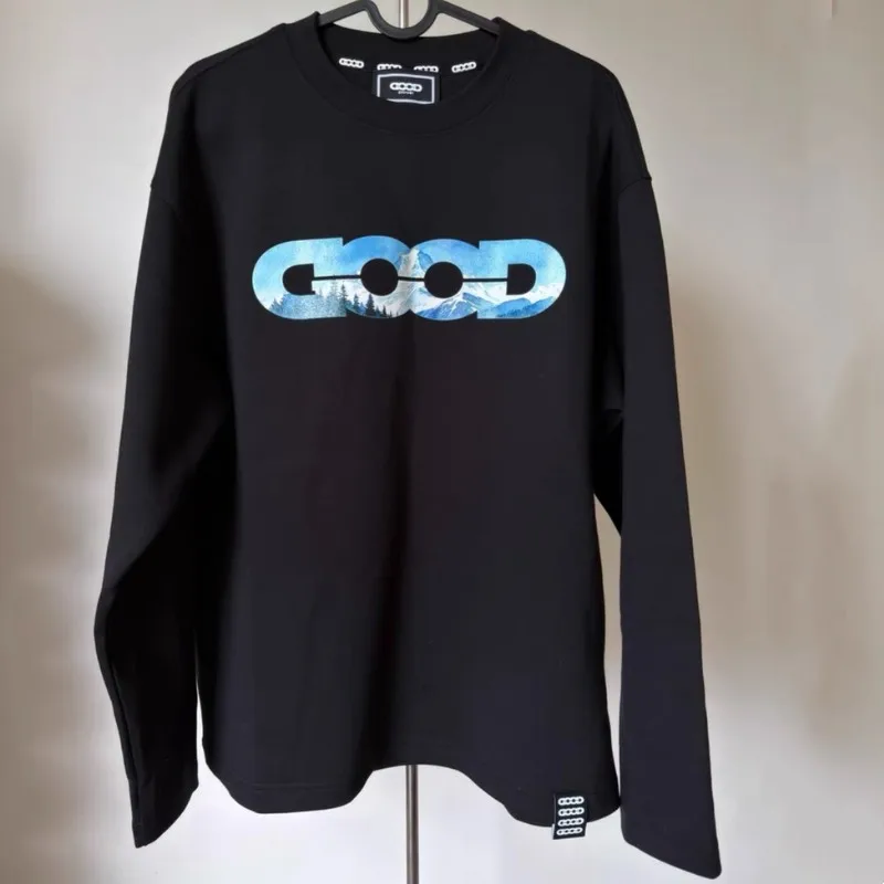 Colorful Snow Mountain Print Black Round Neck Long Sleeve Tee GOODBRAND Tshirt Men Women Casual Loose Holiday Vibe Streetwear