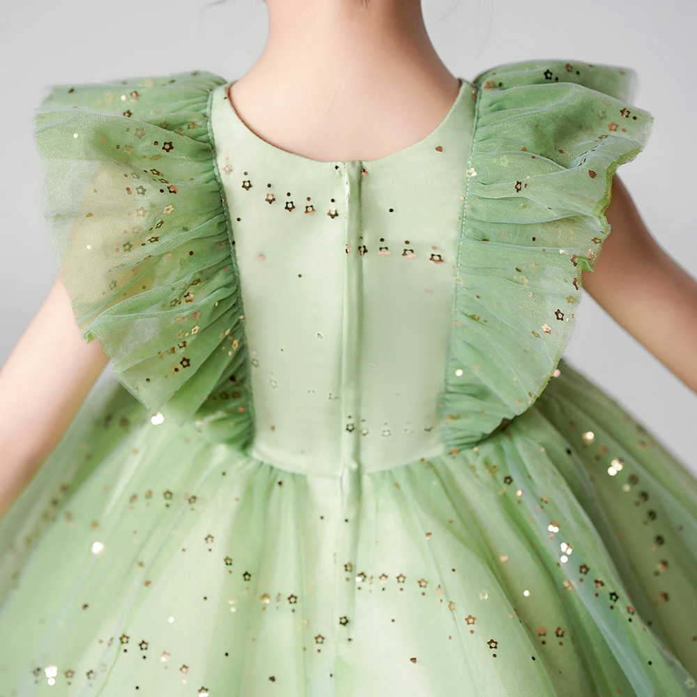 Fly Sleeve Wedding Birthday Green Dresses For Girls 2-8 Years Party Lace Tutu Christening Gown Kids Children Pageant Clothes