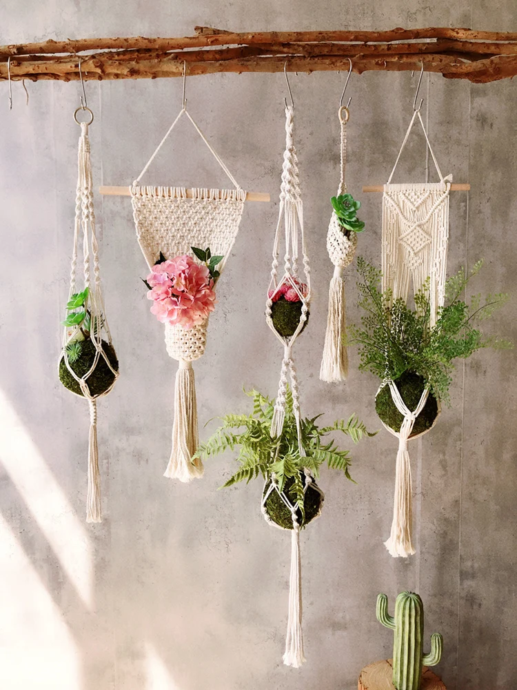 Nordic Style Handwoven Cotton Plant Hanger Basket Flower Pot Net Pocket Storage Rope Home Decor Tapestry Long Rectangle Shape