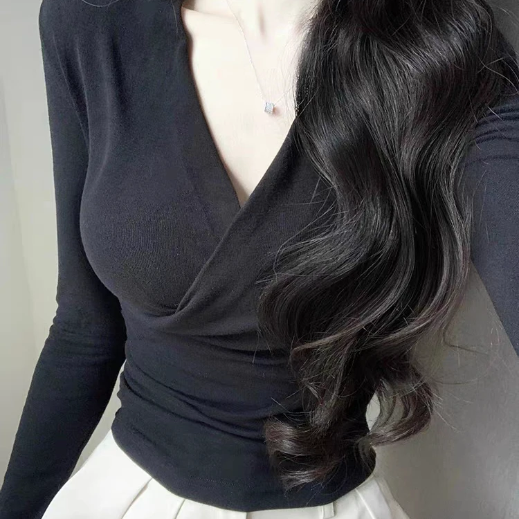New Women's Long Sleeve V-Neck Crossbody T-Shirt Slim Fit Fashionable Korean Style Pure Color Autumn Winter Thermal Top