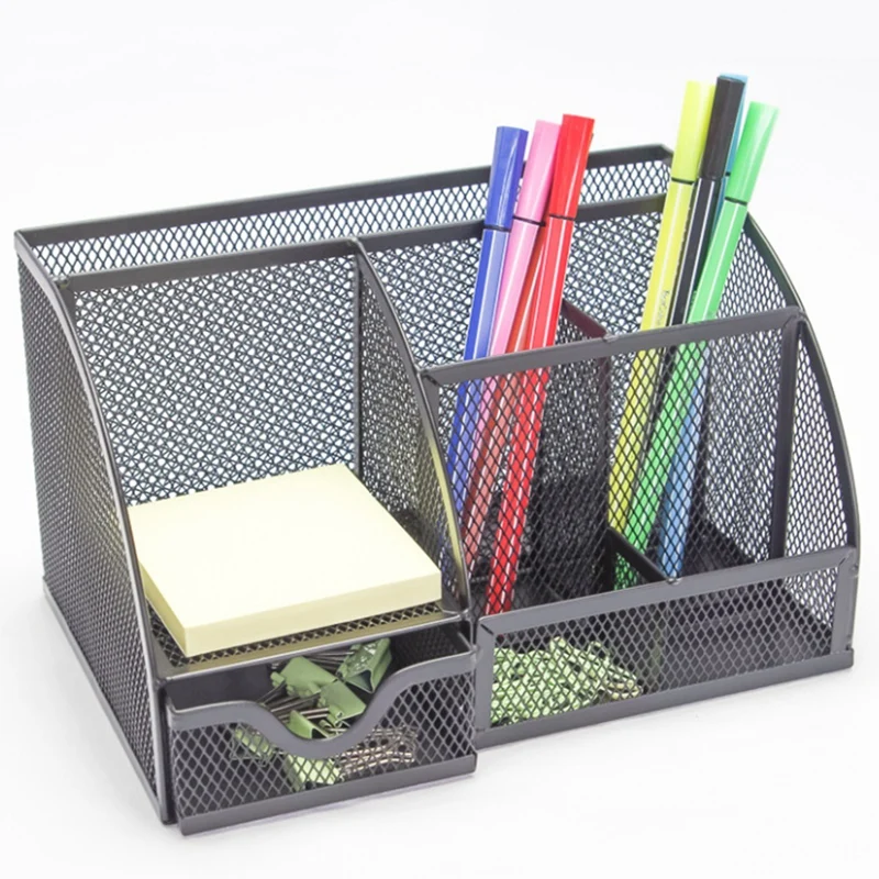 Mesh Desk Organizer Pen Holder, Accessories Storage Caddy With 6 Compartments, And Drawer Office Supplies Gift (1 PCS)