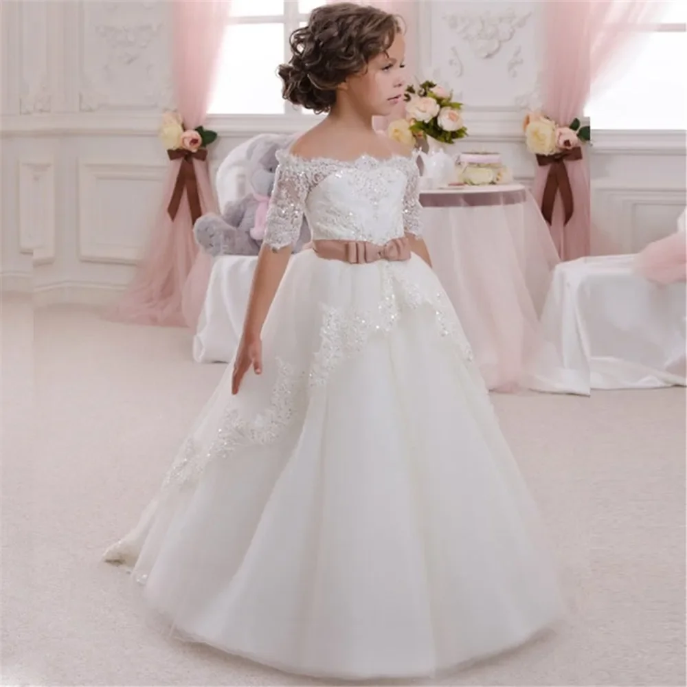 New Flower Girl Dress For Wedding White Ivory Appliques  Short Sleeves O-Neck First Communion Gowns Vestidos Longo