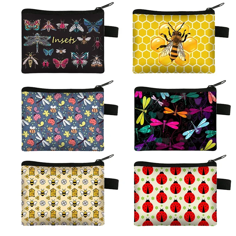 Dragonfly Butterfly Ladybug Honey bee Print Coin Purse Women Insects Wallets Key Credit Card Holder Money Bag Mini Coin Bag Gift