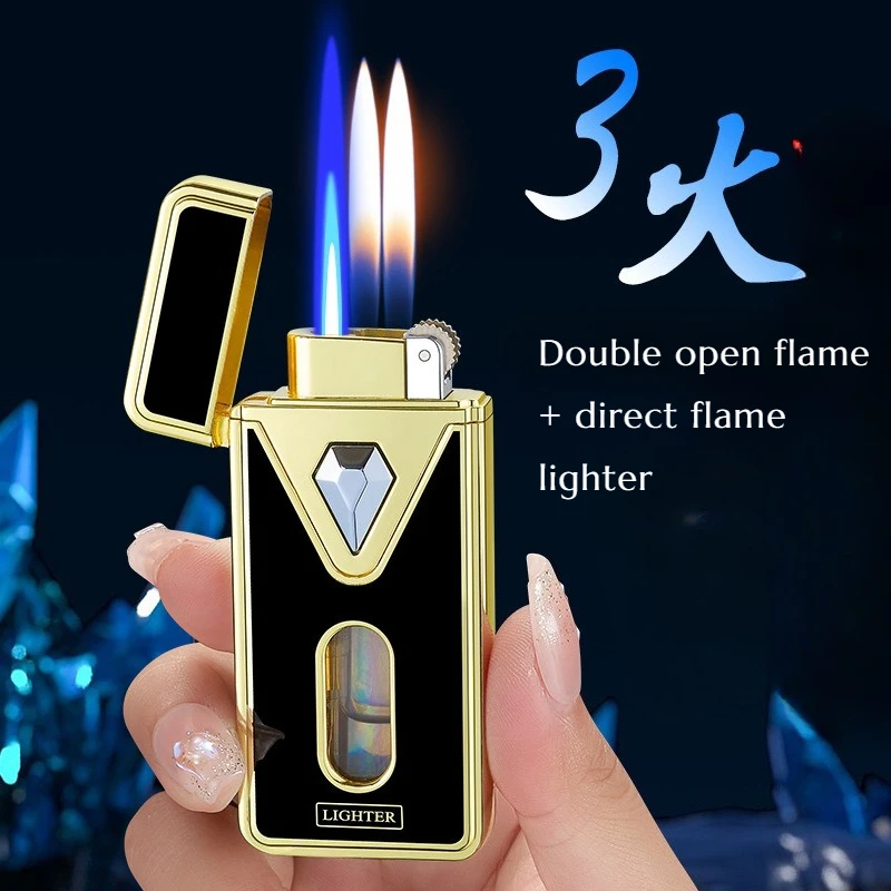 

New Three-flame Changing Grinding Wheel Dual-flame Lighter One-click Conversion Portable Visual Air Chamber Creative Gifts